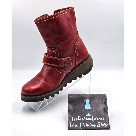Fly London Women's Red  Leather Seku Wedge Buckled Ankle Boots Sz (5.5) 36 2907 - Picture 15 of 16